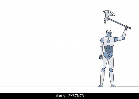 Einzelne, durchgehende Linienziehroboter stehen und heben eine große Axt an. Moderne Robotik-Technologie für künstliche Intelligenz. elektronikindustrie Stock Vektor