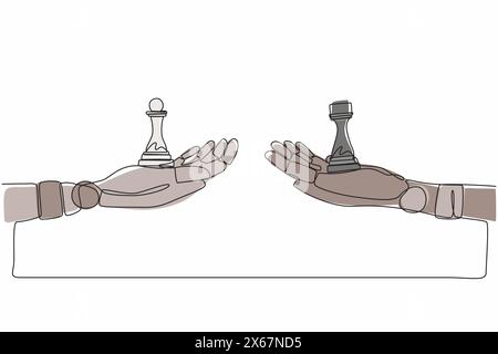 Einzelne, durchgehende Linienzeichnung Roboterhände mit Bauern- und Turmschachteilen. Moderne Robotik-Technologie für künstliche Intelligenz. Elektronische Technologie Stock Vektor