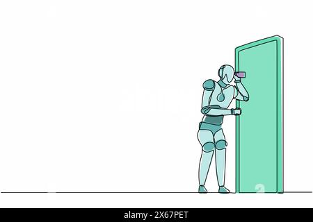 Ein einzelner Roboter mit kontinuierlicher Linienzeichnung, der Gespräche an der Tür abhört und anhört. Roboterkünstliche Intelligenz. elektronikindustrie Stock Vektor