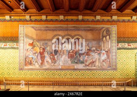 Fresko der Sängerkrieg von Moritz von Schwind im Sängersaal der Wartburg in Eisenach, Thüringen Stockfoto