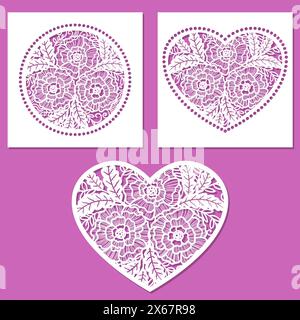 Satz von Vorlagen zum Laserschneiden mit Blumen und Blättern. Schablone zum Laserschneiden von Papier, Karton, Holz, Metall. Für das Design von Wedding c Stock Vektor