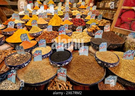 Bunte Auswahl an lokalen Gewürzen zum Verkauf auf dem Vakil Basar in Shiraz, Iran. Stockfoto