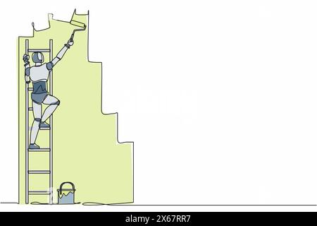 Einzelner, durchgehender Zeichnungsroboter, der auf einer Treppe steht, lackiert die Wand mit Malerwalze. Roboterkünstliche Intelligenz. Elektronisches Technolo Stock Vektor