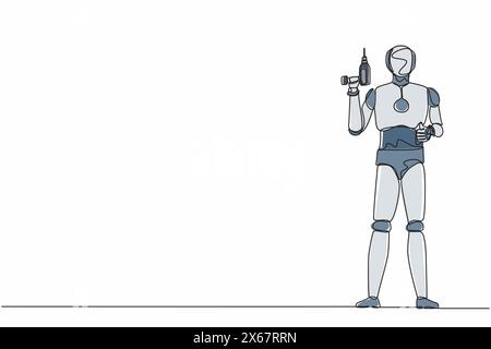 Arbeiter mit einem durchgehenden Zeichnroboter, der ein elektrisches Bohrgerät für die Reparatur hält. Humanoider Roboter-kybernetischer Organismus. Zukünftige Roboterentwicklung. Singen Stock Vektor