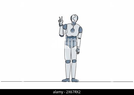 Einzelner Roboter mit kontinuierlicher Linienzeichnung, der Siegeszeichen und Erfolg mit Gesten zeigt. Roboter macht Siegeszeichen. Roboterkünstliche Intelligenz. Elektroniktechnik Stock Vektor
