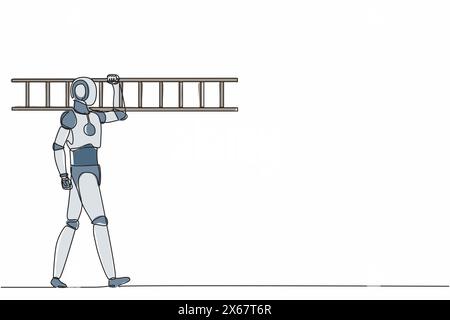 Einzelner Roboter mit kontinuierlicher Linienzeichnung, der mit einer Leiter läuft. Renoviertes Haus. Roboterkünstliche Intelligenz. Elektronikindustrie. Stock Vektor