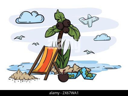 Sommerurlaub und Tourismuskonzept. Heller Vektor editierbare Illustration mit Meer, Himmel und Palme Stock Vektor