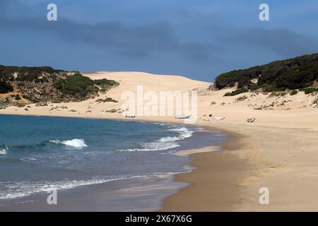 Strand und Sanddünen von Bolonia, eine der größten Sanddünen Europas und geschützt im Naturpark Estrecho, Spanien Stockfoto