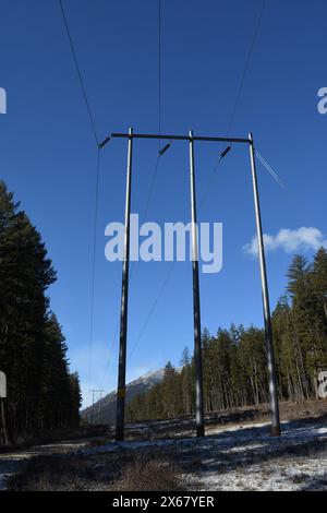 Bonneville Power Administration Hochleistungsleitung, die vom Libby Dam entlang des Kootenai River verläuft. Lincoln County, Nordwesten von Montana. Stockfoto