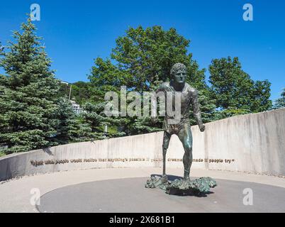 Terry Fox Statue von Luben Boykov (1 Water Street: Partner Parks Canada), Amputierte, Kunst, Kunstwerke, Bronzeskulptur, Kanada, Wohltätigkeitsorganisation in Kanada, Stadt St. John's, Mut, Entschlossenheit, Handicap, Held, Hoffnung, Inspiration, Neufundland, Nordamerika, Provinzhauptstadt, Lauf auf Krebs Stockfoto