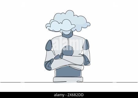 Ununterbrochener, einzeiliger Zeichenroboter mit Wolkenkopf. Roboter mit leerem Kopf und Wolke. Humanoider Roboter-kybernetischer Organismus. Zukünftige Roboterentwickler Stock Vektor