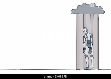 Einzelne durchgehende Linienzeichnung unglücklicher depressiver trauriger Roboter beim Stressgehen unter Regenwolke. Roboterkünstliche Intelligenz. Elektronische Technologie. Stock Vektor