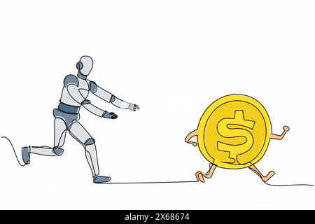 Ein durchgehender, einzeiliger Zeichnungsroboter jagt Dollar-Münze. Riesige Investitionen in die Roboterindustrie. Humanoider Roboter-kybernetischer Organismus. Roboterentwickler Stock Vektor