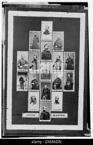 Union Martyrs: Berry, Jas. R. McPherson, Alex. Hayes, Ransom, Buford, J. Sedgwick, D. Russell, Geo Stone, N. Lyon, O. M. Mitchell, E.V. Sumner, Wadsworth, Richardson, Stevens, Kearney, J.J. Reynolds sic und Birney, Bürgerkriegsfotos 1861-1865 Stockfoto