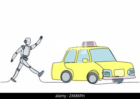 Ein einzelner, kontinuierlicher Linienziehroboter, der Raketenabflug jagt. Start-up-Business-Technologie. Roboterkünstliche Intelligenz. Elektronische Technik Stock Vektor