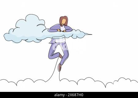 Einzelne durchgehende Linienzeichnung glückliche Geschäftsfrau hängt in den Wolken. Auf der Suche nach Erfolg im Büro, finanzieller Freiheit, erfolgreichem Geschäftsprojekt. Stock Vektor