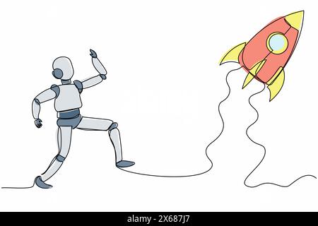 Ein einzelner, kontinuierlicher Linienziehroboter, der Raketenabflug jagt. Start-up-Business-Technologie. Roboterkünstliche Intelligenz. Elektronische Technik Stock Vektor