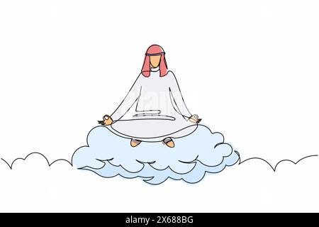 Durchgehende einzeilige Zeichnung Arabischer Geschäftsmann meditiert und ruht in Lotusposition auf Wolken. Entspannender arabischer Mann mit Yoga- oder Meditationsposen. Sünde Stock Vektor