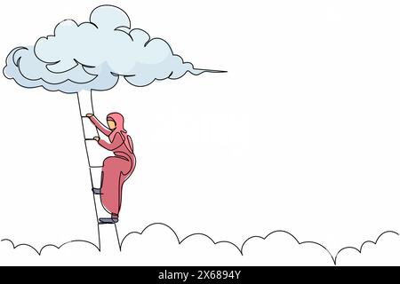 Eine einzige Linie zeichnet eine arabische Geschäftsfrau, die die Leiter zur Wolke hochklettert. Förderung der beruflichen Laufbahnentwicklung. Geschäftsentwicklungsprogramm. Fortlaufend Stock Vektor