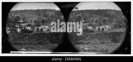 North Anna River, Virginia. Blick auf die Holzbrücke bei Quarles Mill von der Südseite. Lager des Hauptquartiers in der Ferne, Bürgerkriegsfotos 1861-1865 Stockfoto