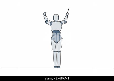 Durchgehende einzeilige Rückansicht des Roboterdirigenten, der auf der Bühne auftritt und das Symphonieorchester leitet. Humanoider Roboter-kybernetischer Organismus. Einfach Stock Vektor