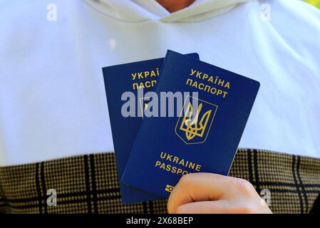 2 Pässe ukrainische Staatsbürger mit Inschrift auf Ukrainisch - Reisepass der Ukraine liegen auf gelb blauem Koffer in der Farbe der ukrainischen Flagge. Reisen, Zuflucht Stockfoto