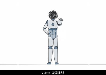Ein einzelner Zeilenroboter mit runden Kritzeleien anstelle des Kopfes, stehend und mit Stopphand-Geste etwas zurückweisen. Humanoide Roboter-Kybernetik Stock Vektor