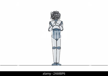 Ein einzelner Zeilenroboter mit runden Kritzeleien anstelle des Kopfes, stehend mit kreuzenden Fingern, die x bilden. Verboten. Nein sagen Humanoide Roboter-Cyberneti Stock Vektor