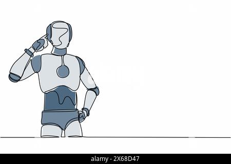 Ein einziger Zeichnungs-Roboter, der mit dem Kopf steht und etwas nachdenkt. Optimistisch, visionär. Technologische Entwicklung der Zukunft. Konti Stock Vektor