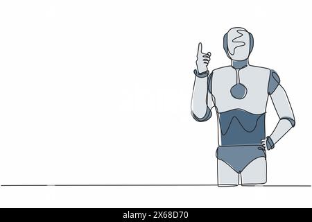 Ein einzeiliger Zeichnungsroboter, der mit der Fingerzeige nach oben steht. Emotionen und Körpersprache. Künstliche Intelligenz und maschinelles Lernen Stock Vektor