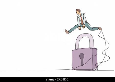 Ein einziger, einzeiliger Geschäftsmann, der über ein großes Schloss springt. Lösen Sie geschäftliche Probleme, professionelle Lösungen, Erfolgsschlüssel oder aktivieren Sie Geschäftsmöglichkeiten Stock Vektor