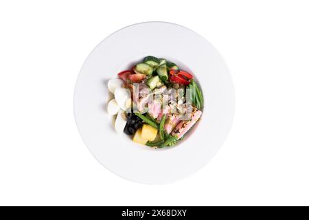 Nicoise Salat, französisches Gericht mit Thunfischfilet, gekochtem Ei, Sardellen und Gemüse auf weißem Hintergrund isoliert Stockfoto