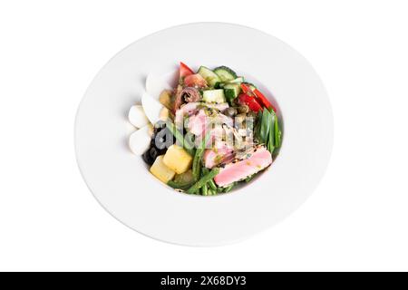 Nicoise Salat, französisches Gericht mit Thunfischfilet, gekochtem Ei, Sardellen und Gemüse auf weißem Hintergrund isoliert Stockfoto