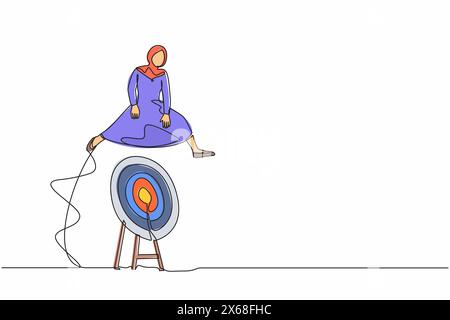 Eine einzige Linie, die eine arabische Geschäftsfrau zeichnet, die auf großes Bogenschießen-Bullseye-Ziel springt. Zielerreichungsziele. Weiterentwicklung der beruflichen Laufbahn oder des Geschäftswachstums. Stock Vektor