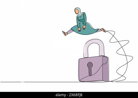 Eine einzige Linie zeichnet aktive arabische Geschäftsfrau, die großes Vorhängeschloss springt. Unternehmenssicherheit. Professionelle Lösungen, Erfolgsschlüssel. Moderne konti Stock Vektor