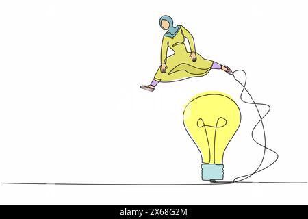 Eine durchgehende Linie zeichnet eine arabische Geschäftsfrau, die über eine große Glühbirne springt. Technologie zur Innovationstransformation. Improvisations-Geschäftsidee. O Stock Vektor