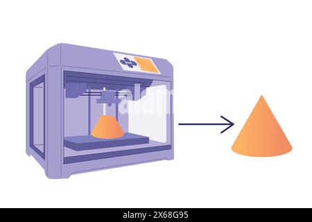 3D-Druckermaschine druckt 3D-Objekt, Symbol für Vektorillustration Logo Konzept. Technologien der Zukunft, technischer Fortschritt, Wissenschaft, Robotik. Stock Vektor
