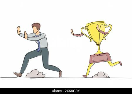 Eine einzige Zeilenzeichnung gestresster Geschäftsmann, der von Trophäen gejagt wird. Geschäftsrichtung, Mission, Vision, Ziel, Erfolg, Sieg. Continuo Stock Vektor