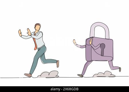 Eine einzige Linienzeichnung belastete Geschäftsleute, die von einem Vorhängeschloss gejagt werden. Mitarbeiter, der für Unternehmenssicherheit ausgeführt wird. Professionelle Lösungen. Fortlaufend Stock Vektor