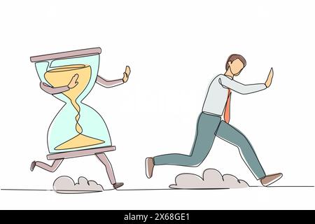 Eine einzige Zeilenzeichnung belastete Geschäftsleute, die von Sanduhr gejagt werden. Büroangestellte fühlen sich stressig mit Arbeitsfristen, Wut, Burnout, Depression. Stock Vektor