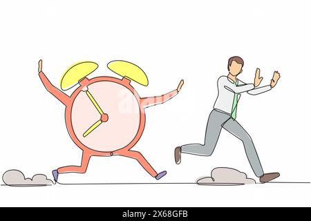 Eine einzige Zeilenzeichnung belastete Geschäftsleute, die von der Uhr gejagt werden. Die Zeit wird knapp. Deadline-Projekt. Minimales Metapher-Konzept. Modern durchgehend Stock Vektor