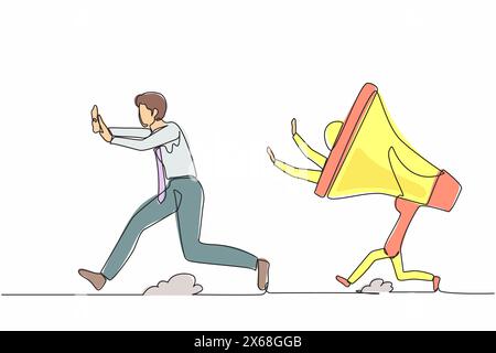 Eine einzige Zeilenzeichnung belastete Geschäftsleute, die von Megaphon gejagt werden. Büroangestellte vermeiden lautes Schreien des Vorgesetzten. Minimales Metapher-Konzept. Kontin Stock Vektor