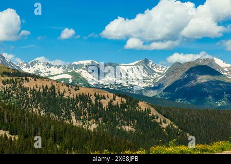 Blick von der Boreas Pass Road in Colorado. Die Denver, South Park and Pacific Narrow Gauge Railroad diente einst dieser Gegend und historischen Gebäuden. Stockfoto