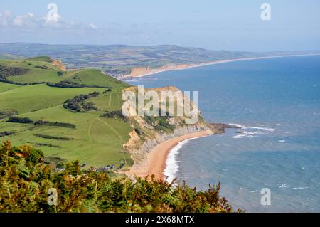 Blick nach Osten entlang der Juraküste der Lyme Bay vom Gipfel des Golden Cap, mit dem Wellenbrecher des West Bay Hafens in der Ferne. Dorset Stockfoto