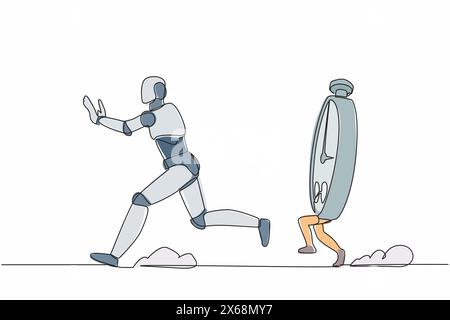 Eine einzige Zeilenzeichnung belasteter Roboter, der von Stoppuhr verfolgt wird. Angst vor Projektmessung und Termin. Zukünftige Entwicklung der Robotertechnologie. C Stock Vektor