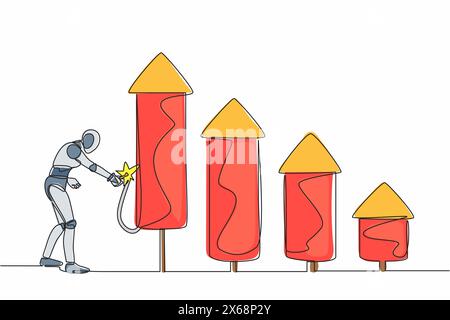 Ein einzelner Strichzeichnungsroboter entzündet ein Balkendiagramm für Feuerwerkskörper, um das Unternehmenswachstum zu steigern. Steigerung des wirtschaftlichen Gewinns in der elektronikindustrie Stock Vektor