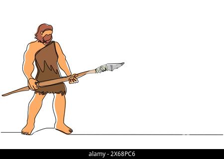 Durchgehende einzeilige Zeichnung eines Höhlenmenschen, der stehend steht und großen Steinspeer hält. Prähistorischer bärtiger Mann in Tierfell gekleidet. Neandertaler Jäger. Alt Stock Vektor