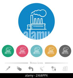 Das Fabrikgebäude umgibt flache weiße Symbole auf runden farbigen Hintergründen. 6 Bonussymbole enthalten. Stock Vektor