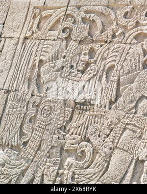 Detaillierte Maya-Schnitzereien auf Stein, Chichen Itza, Tulum Stockfoto