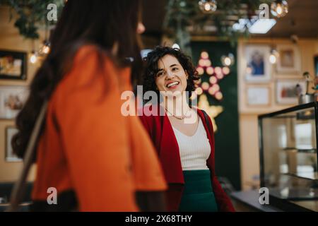Zwangloses Gespräch mit Freunden in gemütlichem Café Stockfoto